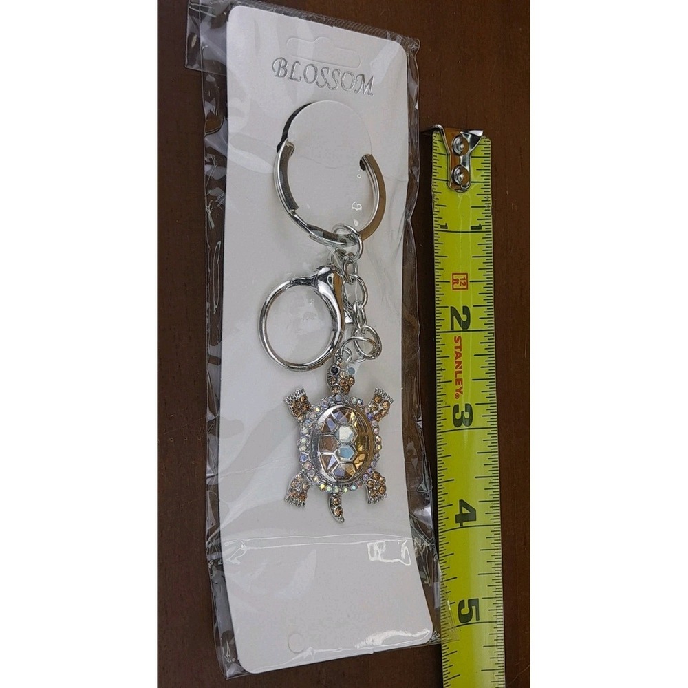 Turtle Gold Rhinestone Crystal Silver Tone Keychain Backpack Purse Clip - Picture 4 of 6